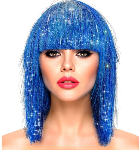 W WIDMANN MILANO Party Fashion - Bob Perücke mit Pony | Für Erwachsene, mit Glitzer-Effekt für Karneval, Mottoparty, Festivals und Disco-Looks