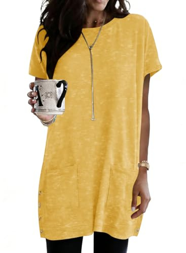 Naggoo Womens Pullover Tops Tee Shirts Round Neck Loose Fit Short Sleeve Long Tunics Slits Baggy T-Shirts with Pockets Yellow L