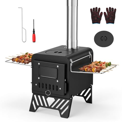 Yigowyigo Hot Tent Stove with Large Viewing Window, Portable Stainless Steel Wood Stove for Camping, Foldable Camping Wood Stove with Internal Storage, Tent Stove Wood Burner for Cooking & Heating
