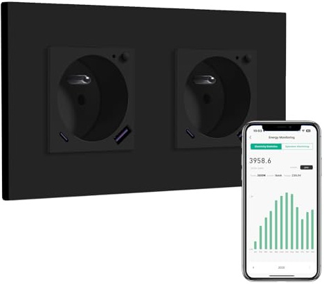 BSEED WIFI Double Prise Connectée Murale,2 Gang 157 * 86mm Noir,Prise Encastrable avec USB C Panneau en Plastique,Fonction de Comptage D'électricité,Compatible avec Smartlife/Google Home/Alexa