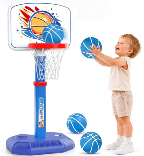 YESHIN Basketballkorb Kinder Indoor Outdoor, Tragbares Basketballkörbe mit Spaß-Panel, höhenverstellbar 77–140 cm, Stabile Basis, 4 Basketballs & Pumpe, Spielzeug für Jungen Mädchen 1–8 Jahre (Blau)