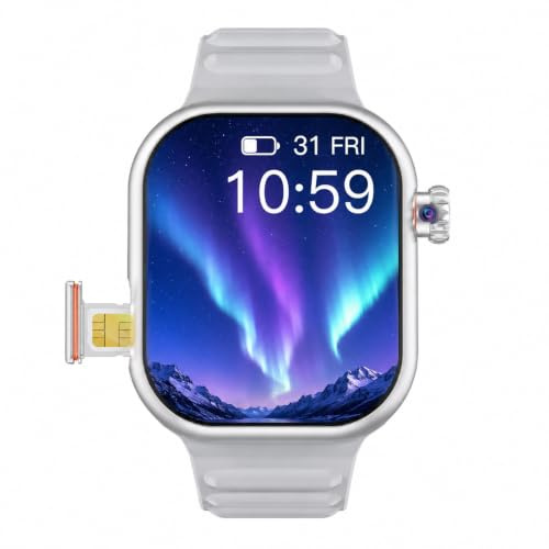 Confozen Montre Connectée 5G Blanche, Écran HD 2,02 Pouces, Caméra Rotative 5MP, Étanche IP67, Mémoire 2+16 Go, Bracelet Silicone