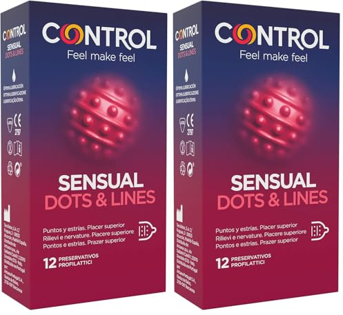Control Preservativos Sensual Dots & Lines - Caja de condones, con puntos y estrías para la estimulación, lubricados y estriados, ajuste perfecto, sexo seguro, 12 unidades (Paquete de 2)