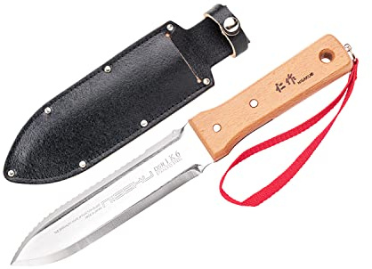 Nisaku NJP651 Hori Unkraut- und Grabmessergehärtete HRC58 Edition, authentische Tomita (Est. 1960) japanischer Edelstahl, 18,4 cm Klinge, Holzgriff, mit Premium-Lederscheide