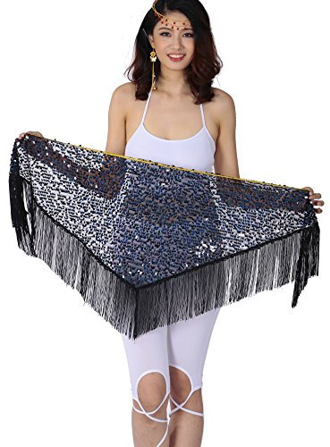 ZLTdream Damen Latein Bauchtanz Dreieckstuch Hüftschal mit Quaste - Schwarz - Einheitsgröße