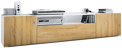 Vladon Lowboard Mogan, TV-Kommode mit 2 Türen, 1 Klappe und 1 offenes Fach, Weiß matt/Eiche Natur (181 x 39 x 35 cm)