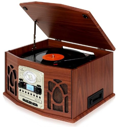AUNA NR-620 Record Player - Vinyl Player, Turntable, Retro Record Player, CD player, VHF radio, Belt Drive, max. 45 rpm, USB/SD, Remote, Cassette Slot, Digitizing Function, Dark Brown