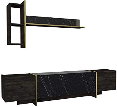 moebel17 Alphamoebel Veyron Wohnwand Braun Dunkelgrau,Moderne Anbauwand Holz, TV Lowboard Marmor Optik, Mediawand mit Hängeregal, 4 Türen, viel Stauraum, glänzend, 180 x 45 x 32 cm, 4852