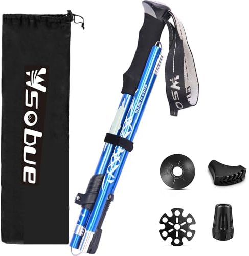 Wsobue Wanderstöcke Trekkingstöcke Nordic Walking Stöcke Skistöcke 7075 Aluminium Wanderstock verstellbar,Faltbar, Teleskop, Leicht für Damen und Herren (Blau 1 Stock)