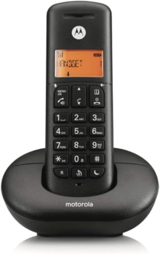 Motorola E201 Telefono Cordless Digitale, Display Retroilluminato, Vivavoce, Rubrica, Identificativo Chiamante, Base di Ricarica, Colore Nero