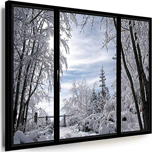 Myartstyle - Bilder Bäume im Winter Fensterblick 100 x 70 cm Leinwandbild Xxl - Wandbild 1 Teilig - Gerahmter Kunstdruck Winterlandschaft Fenster w-P-2021-3