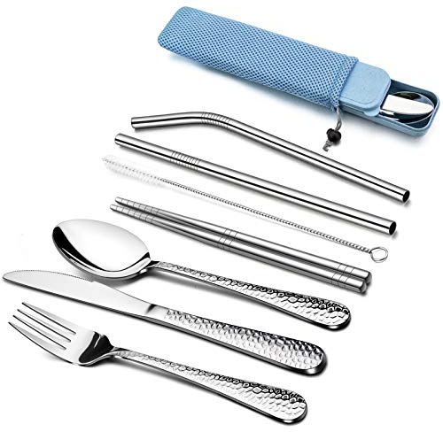 HaWare 9 Piece Individual Portable Hammered Cutlery Sets, Stainless Steel Camping Travel Flatware for 1 with Knife, Fork, Spoon, Chopsticks, Cleaning Brush, Straws, Portable Case & Bag （Blue