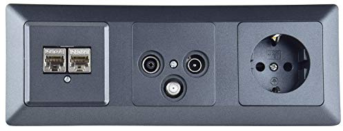 ChiliTec Kombination 3-Fach Milos Lan TV SAT Kabel Steckdose Antennendose | Schutzkontaktsteckdose, Mit Steckklemme, Netzwerkdose, Mit Rahmen, Grau