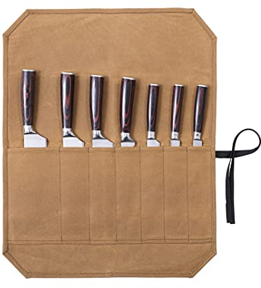 Professional Chef's Roll - 16oz Khaki Waxed Canvas Knife Bag, 7 Slots, Multi-Purpose Storage for Gifts