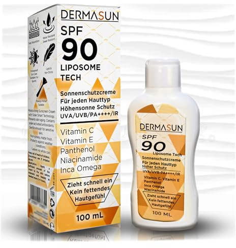 DermaSun® Täglicher Gesichtssonnencreme SPF 90 – Intensive Feuchtigkeitspflege & UV-Schutz, Liposome-Technologie, Anti-Age, Makeup & Sport geeignet - Schnell einziehend, 100 ml