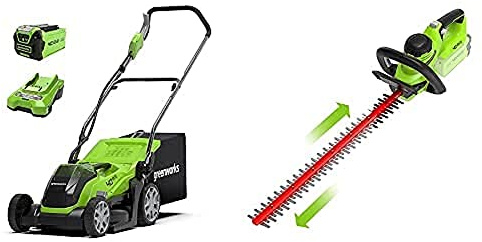 Greenworks 40V cordless lawn mower 35cm and 40V hedge trimmer combo kit include 2Ah battery and charger
