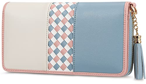 Jocose Moose Damen Geldbörse, Portmonee Große Kapazität Kunstleder Mehrfarbig Geldbörse, RFID Blocker Portemonnaie mit 12 Kartenfächer und Münzfach (Blau-Beige)