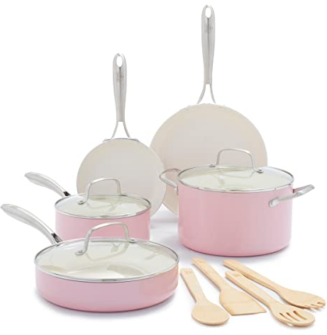 GreenLife Artizan Batterie de Cuisine en Antiadhésive Céramique Saine, 12 Pièces, Sans PFAS, Poignée en Acier Inoxydable, Compatibles avec l'induction, Lavable au lave-vaisselle, Va au Four, Rose