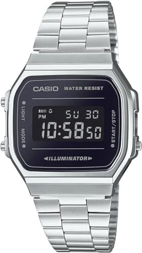 Casio A168 Orologio da polso digitale, standard, da uomo, donna, bambino, modello Overseas, Argento × Nero A168wem-1, Tipo di bracciale:
