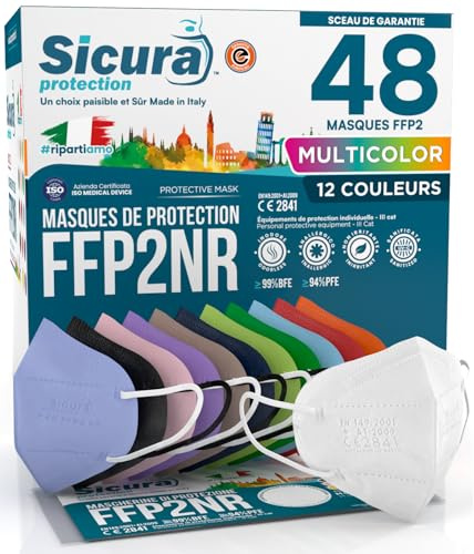 48 Mascherine FFP2 COLORATE Certificate CE SICURA BFE ≥99% | Bianche, Nere, Verdi Mela, Tortora, Viola, Rosa, Lavanda, Azzurre, Verdi, Rosse, Arancioni e Blu Made in Italy