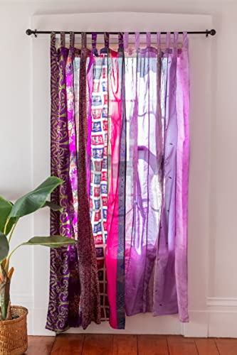 RAJBHOOMI HANDICRAFTS Dörrdraperi av indisk gammal sari, vit gardin/draperi för dörr eller fönster, mosaik av sidensari, hippie återvinningsgardiner, 210 x 105 cm, lila