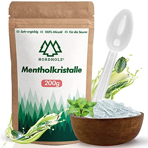 NORDHOLZ® Cristaux de menthe [200 Grammo] per la sauna in qualità a base di olio di menta al 100% - Mentolo cristalli Fornisce una fragranza naturalmente intensa nella sauna - Accessori per sauna