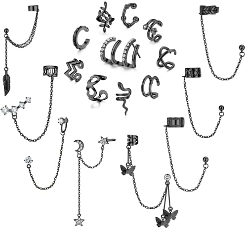 Diamday 18-Teiliges Ohr Cuff Set - Verstellbare Helix-Knorpel Clip-on-Kette für Damen - Clip und Fake Ohrringe