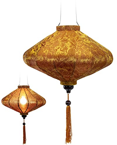 Asiatische Laterne aus Seide, Durchmesser 39 cm, Farbe Rost, Reflexion, Gold – Traditioneller Hoi an Lampion aus Stoff, Bambus und Holz – Dekoration und Handwerk aus Vietnam (P20-MA)