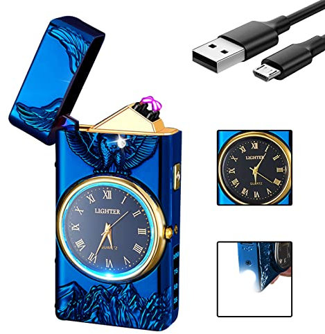 SKRFIRE Premium Metall-Feuerzeug mit Doppel-Lichtbogen & Echtzeit-Uhr – SKRFIRE Adler-Gravur Plasma Lighter (Wind- & Regenfest) mit LED-Beleuchtung – Ideal für Camping, Survival, Abenteuerreisen（blau）