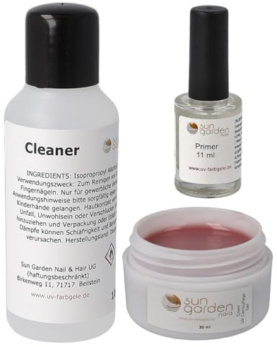 Sun Garden Nails Nailset mit UV Cover Gel 30ml inkl. Primer und Cleaner | Nail Primer Nagel Cleaner 100ml Für Gelnägel, Zur Nagelverlängerung
