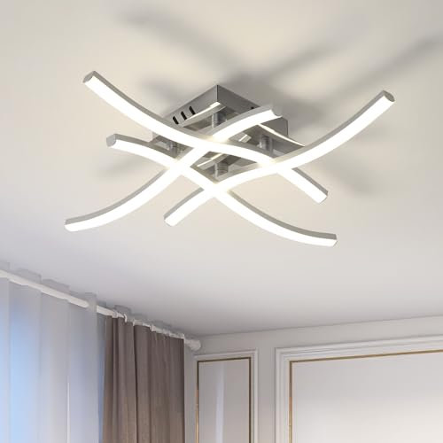 Dorlink Deckenlampe LED Modern, Deckenlampe Schlafzimmer 24W 2160LM, Lampe Wohnzimmer 4500K, Art Deco Wellen Esstischlampe, 4 Lichter Flurlampe Decke, Silber LED Deckenlampes für Küche, Ø45CM