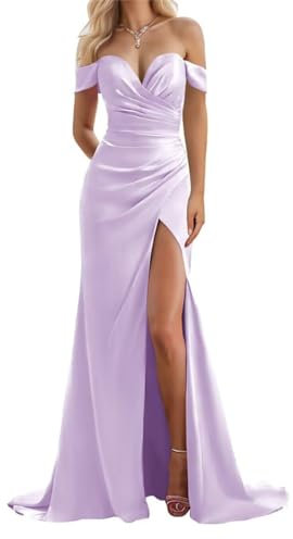 SAYNO Vestidos de dama de honor de sirena con cuello en V, hombros descubiertos, vestidos de noche para invitados de boda, color lila, talla 20