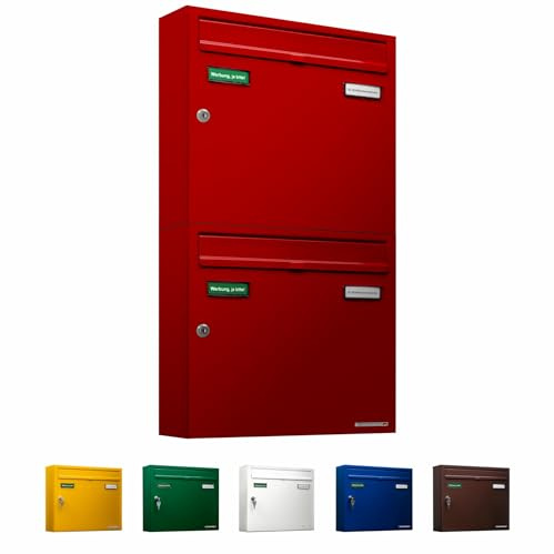 AL Briefkastensysteme Basic 2er Briefkasten RAL 3000 Feuer Rot 2 Fächer DIN A4 wetterfest Briefkastenanlage mit Posthaltebügel und 2 Namensschildern