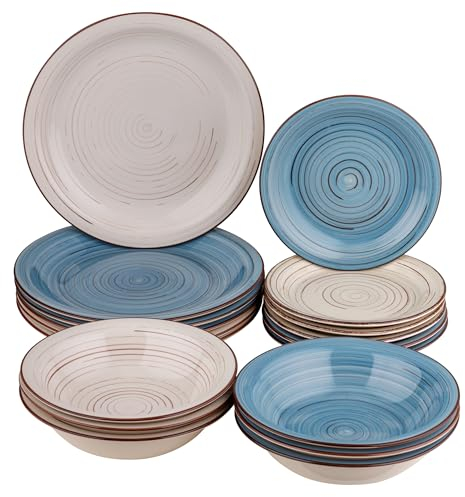 Baroni Home Vajilla de 18 piezas de cerámica, juego de vajilla decorada para 6 personas, plato hondo, llano, fruta o postre (Estilo azul y gris)