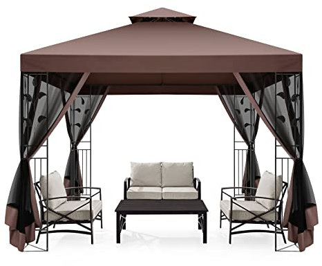 HOTEEL Gartenpavillon aus Metall, 3 x 3 m, Außenzelt für den Garten mit aus Netz, Grillpavillons, Stahlrahmen, Terrassenabdeckungen für Schatten und Regen, Braun