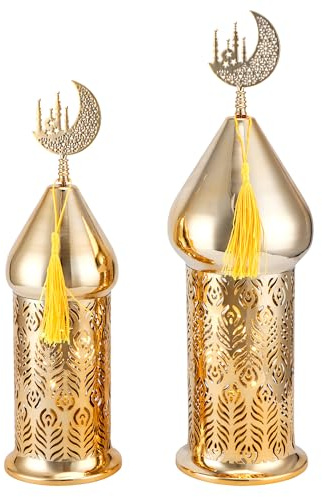 TRIROCKS Ramadan Laternen Set von 2 29cm & 36cm Gold elektrische Kerzenhalter mit Timer, Metall dekorative Vintage-Laternen für Innen- / Außendekoration, perfekte EID Mubarak Geschenk