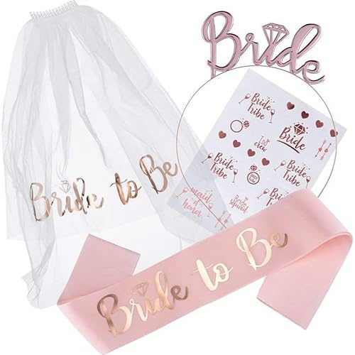 Bride to Be Schärpe und Schleier, Frauen Junggesellinnenabschied Accessoires Braut JGA Rosegold Stirnband Tiara, Hochzeit Fotorequisiten Spiele Zubehör für Bachelorette Party und Hochzeitsfotografie