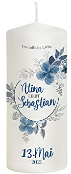 Liamoria® Hochzeitskerze Blume in Blau mit Namen, Datum und Spruch - Modell Alina - Personalisierte Kerze zur Hochzeit (20 x 8 cm)