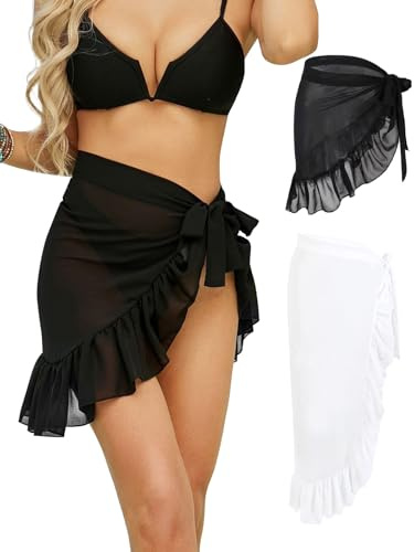 Monbessi Sarong Donna Chiffon Traslucido Copricostume Gonne da Spiaggia Allacciare(Nero Corto + Bianco Lungo)