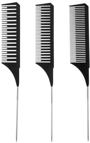 3Pcs Highlighting Comb Professional Hair Dye Combs 3 Sizes Highlight Comb Weaving Combs with Long Stainless Steel Rat Tail for Home and Salon(Black)