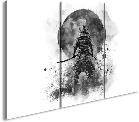 deyoli Leinwandbild Samurai mit Rüstung, steht vor einer brennend roten Sonne Format: 120x80cm (3Teilig) Effekt:Schwarz&Weiß XXL Kunstdruck Bild auf Holzrahmen/Wandbild/Wohnzimmer Dekoration