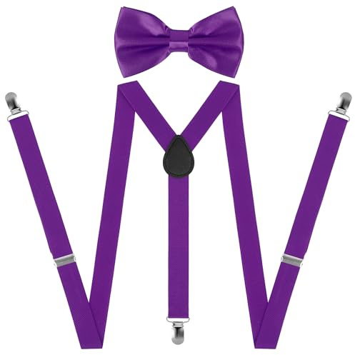 Beaface Tirantes para hombre, tirantes para hombre, con 3 clips fuertes y juego de pajarita, tirantes elásticos ajustables para boda, negocios, casual, Morado (, Taille unique