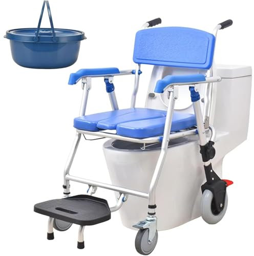 Mobiler Duschstuhl Mit RäDern, Wasserdichter Toilettenstuhl Mit Rollen Multifunktionaler Mobiler Toiletten-Toiletten-Duschstuhl Mit Rollen Rollstuhl FüR äLtere Menschen Mit Arm Und RüCkenlehne