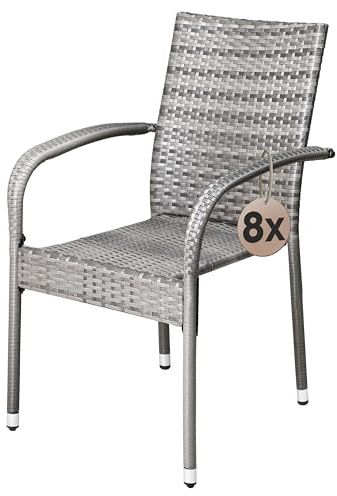 Casaria® Gartenstühle 8er Set Stapelbar Wetterfest Polyrattan Outdoor 160kg Garten Terrasse Balkon Stuhl mit Armlehne Gartensessel Stapelstühle Grau