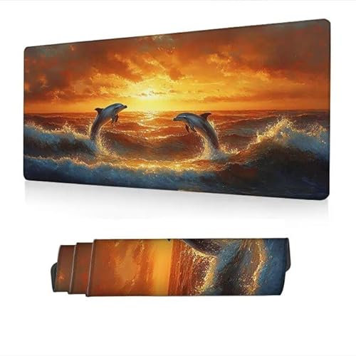 Tapis de Souris XXL 1400x600x3mm,Tapis Souris Lever Soleil Mousepad Imperméable,Dauphin Mouse Pad avec Base Antidérapant,Desk Mat avec Bords Surpiqués,Deco Bureau,Gaming Accessoire,Cadeaux S1-148