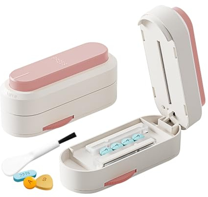 Multiple Pill Cutter - Pill Cutter Splitter for Small Tiny Large Pills Professional | Vertical Press-Down Cutting & Adjustable | Sturdy Blade & Guard | Includes Cleaning Brush (Pink)
