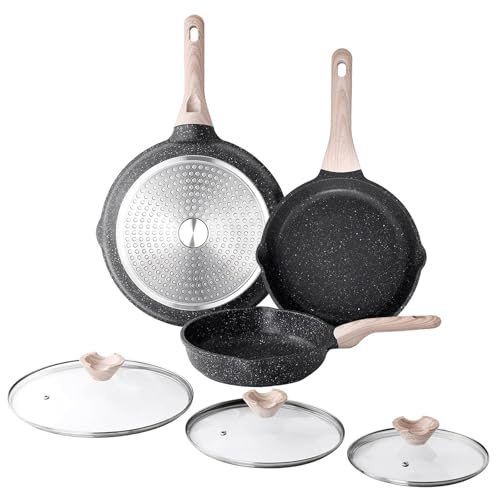 Kordisen Nonstick Frying Pan Set with Lids, 3 Piece Skillet Set, Healthy Induction Cooking Pan, Stay-Cool Handle, Compatible with All Stovetops, PFOA Free (24/28/32 cm)