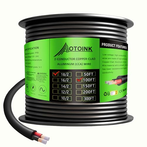 AOTOINK 30,48 Metros 2 Conductores Cable de Calibre 18 Aluminio Revestido de Cobre Alambre Eléctrico Cable de Extensión 18/2 CCA 18 AWG para Altavoces, Tiras LED, Automotriz, Lámparas