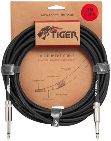 Tiger 6m (20ft) Guitar Instrument Cable - 1/4” Mono Jack to Jack Lead | Copper Connectors, Shielded Low-Noise Cable for Electric Guitar, Bass, Keyboard, Amp