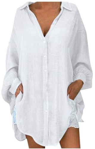 Generisch Women's V-Neck Plain Cotton Linen Button Up Blouse Long Sleeve Loose Casual Blouse Carnival Costume Women's Pirate Blouse, White, 5XL